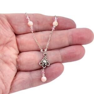 Vintage Sterling Silver 925 Pink Shell & Pink Crystal Necklace 20.5"
